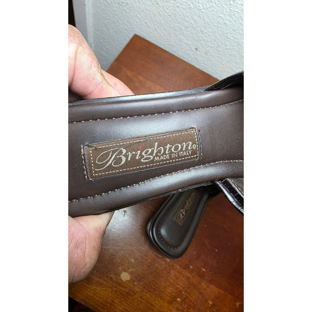 Brighton Women's 7.5 Brown Suede Slip-On Wedge‎ Mules Metal Accent Made In Italy